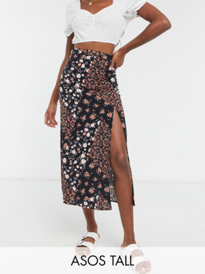 Asos Design Tall Midi Bias Slip Skirt In Spliced Floral Print