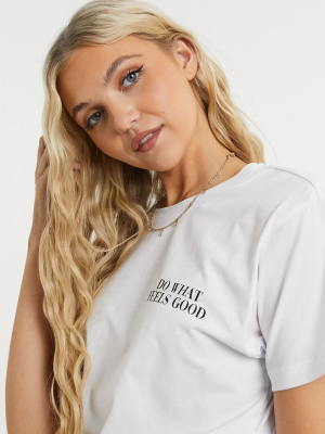 Asos Design T-shirt With Padded Shoulder With Do What Feels Good Print In White