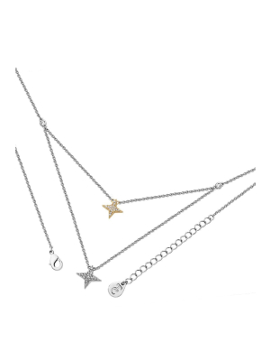 Double Floating Pave Star Necklace In Silver