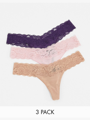 Asos Design 3 Pack Low Rise Malibu Mesh & Lace Thong In Pink Brown & Aubergine