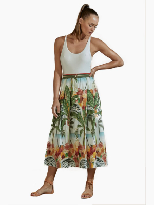 Cotton Button Front Skirt - Beach House Print