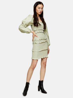 Sage Shirred Pop Mini Dress