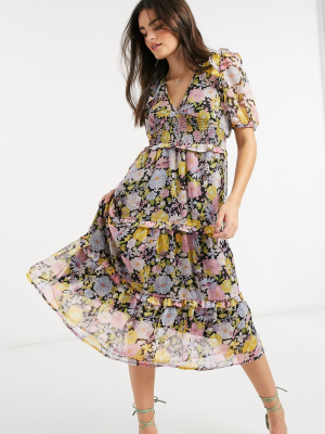 Neon Rose Midi Dress With Tiered Ruffle Skirt And Bow Back In Floral