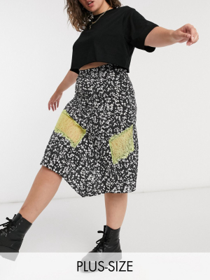 Lost Ink Plus Midi Skirt With Contrast Lace Trim In Ditsy Floral Print