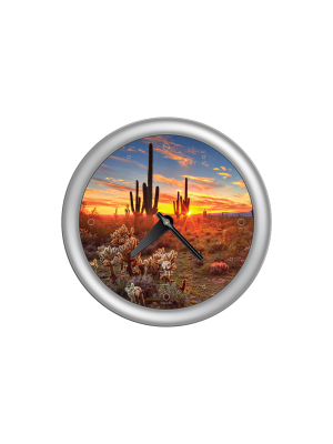 14" X 1.8" Southwest Cactus Decorative Wall Clock Silver Frame - By Chicago Lighthouse