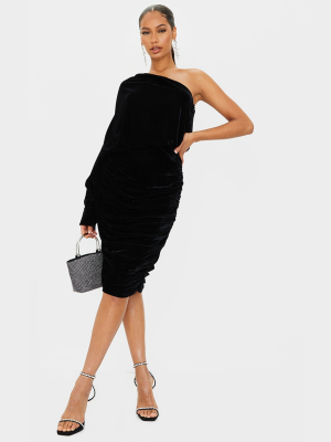 Black Velvet One Shoulder Ruched Midi Dress