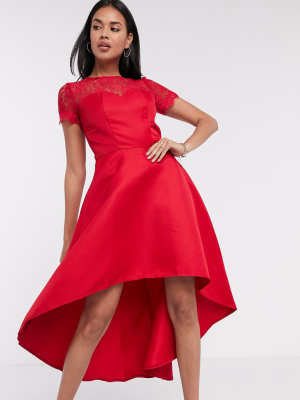Chi Chi London High Low Dress With Lace Detail In Red