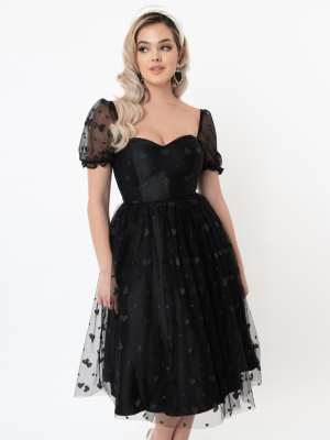 Collectif Black Mesh & Glitter Hearts Skylar Swing Dress