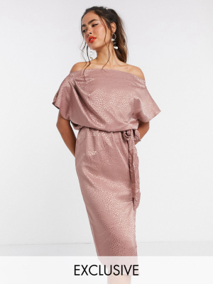 Flounce London Exclusive Draped Shoulder Midi Dress In Cosmetic Pink