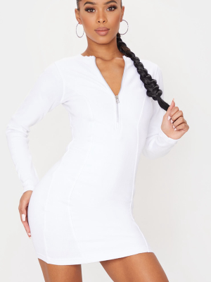 White Thick Rib Contour Detail Zip Neck Long...