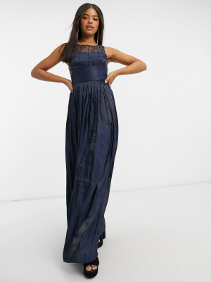 Little Mistress Wrap Detail Maxi Dress With Embellished Yoke In Navy