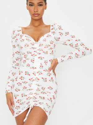 Cream Floral Print Ruched Front Long Sleeve...