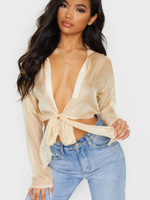 Nude Organza Sheer Tie Front Blouse