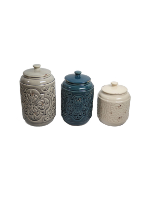 Country Quilted Design Canister Set Of 3 Cream/blue/gray 56oz/72oz/102oz - Drew Derose