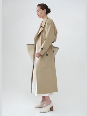 Long Trench Coat In Cotton Twill - Beige