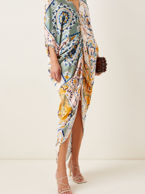 Cloister Feather-tipped Mosaic-print Silk Satin Maxi Dress