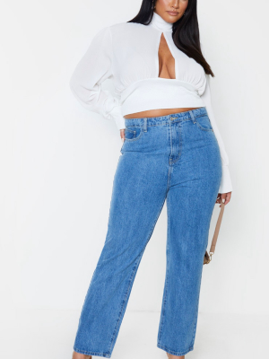 Prettylittlething Plus Mid Wash Staight Leg Jean