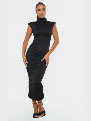 Black High Neck Ruched Shoulder Pad Midaxi Dress