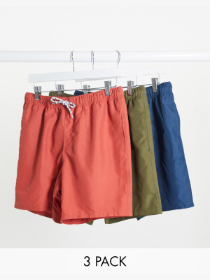 Asos Design 3 Pack Swim Shorts In Khaki Red & Navy Mid Length Save