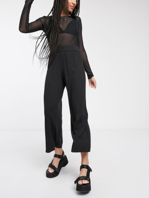 Monki Cilla Jersey Ribbed Wide Leg Cropped Pants In Black