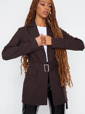 Chocolate Longline Buckle Belted Blazer