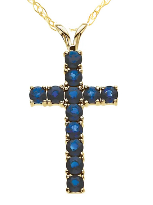 Pompeii3 1 1/5 Ct Genuine Blue Sapphire Cross Pendant Necklace 18" Yellow Gold 1" Tall