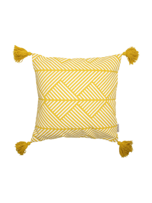 Yellow And White Patterned 20 X 20 Inch Decorative Cotton Throw Pillow Cover With Insert And Hand Tied Tassels - Foreside Home & Garden