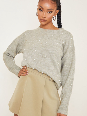 Khaki Scattered Pearl Embellished Sweater