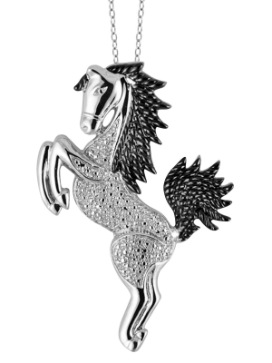 Women's Sterling Silver Accent Round-cut White Diamond Pave Set Horse Pendant (18")