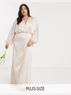 Tfnc Plus Bridesmaids Long Sleeve Sateen Maxi Dress In Ecru