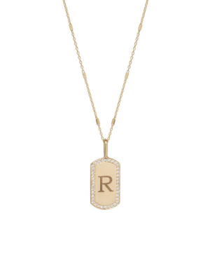 14k Pave Diamond X-small Engraved Dog Tag Necklace