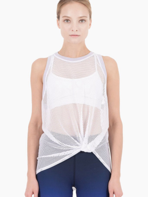 Ethan Mesh Color Block Front Knot Tank - White/lilac Purple