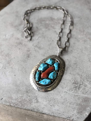 Large Turquoise And Coral Pendant | Vintage