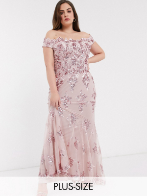 Goddiva Plus Off Shoulder Embellished Sequin Dress In Rose Pink