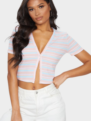 Pink Rib Stripe Button Front Crop Top