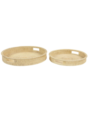 Set Of 2 Round Handwoven Natural Bamboo Trays Brown - Olivia & May