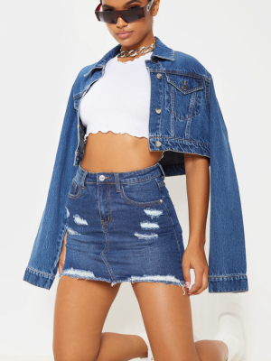 Dark Wash Distressed Rip Denim Mini Skirt