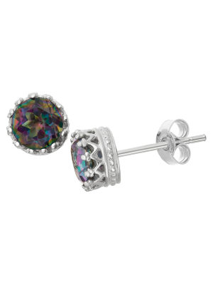 6mm Round-cut Rainbow Topaz Crown Earrings In Sterling Silver