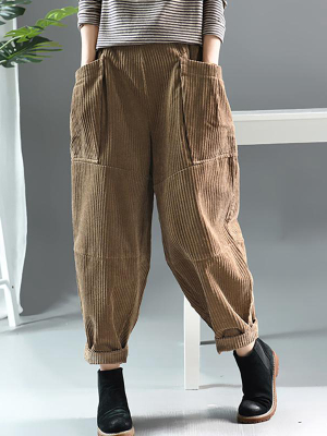 Plus Size - Spring Retro Corduroy Solid Color Pants