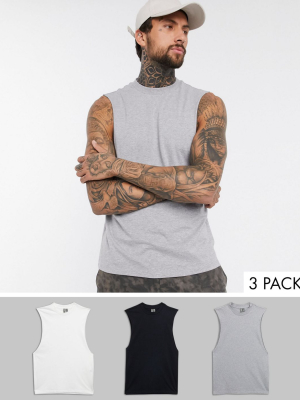 Asos Design 3 Pack Organic Relaxed Sleeveless T-shirt With Dropped Armhole