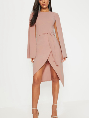 Dusty Pink Cape Style Wrap Midi Dress