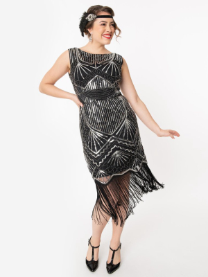 Unique Vintage Black & Silver Sequin Therese Long Flapper Dress