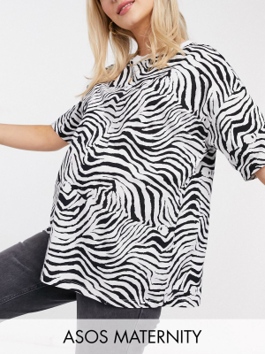 Asos Design Maternity Oversized T-shirt In Mono Zebra Print