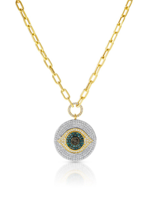 14kt Yellow Gold Blue Diamond Evil Eye Chain Link Necklace