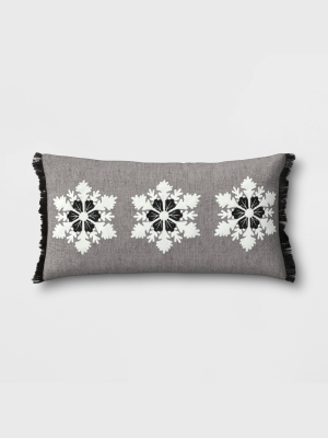 12"x22" Holiday Oversized Embroidered Snowflakes Lumbar Throw Pillow Gray/white/balck - Threshold™