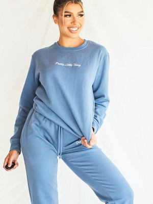 Prettylittlething Dusty Blue Embroidered Sweater