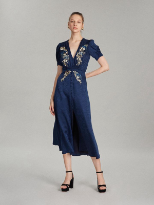 Lea Long Dress In Navy Cloud Embroidered