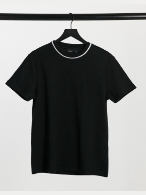 Asos Design T-shirt With Contrast Piping In Black Heavyweight Textured Fabric