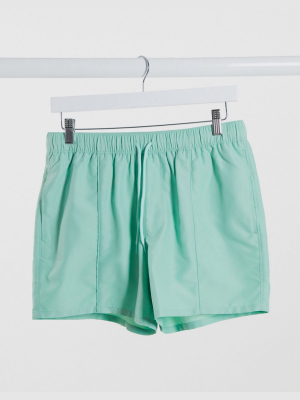 Asos Design Swim Shorts In Green With Pin Tuck In Short Length