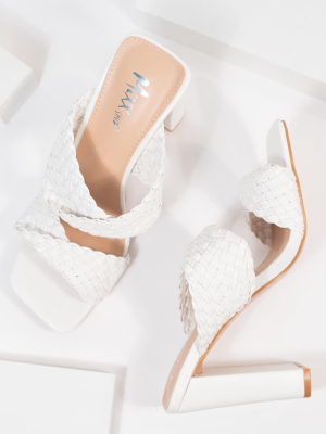 White Woven Leatherette Peep Toe Heels